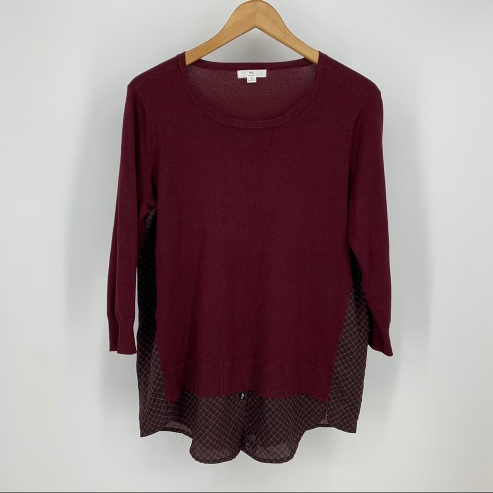 BLL New York Maroon Burgundy Color Mixed Media Shirttail Sweater Womens Size L